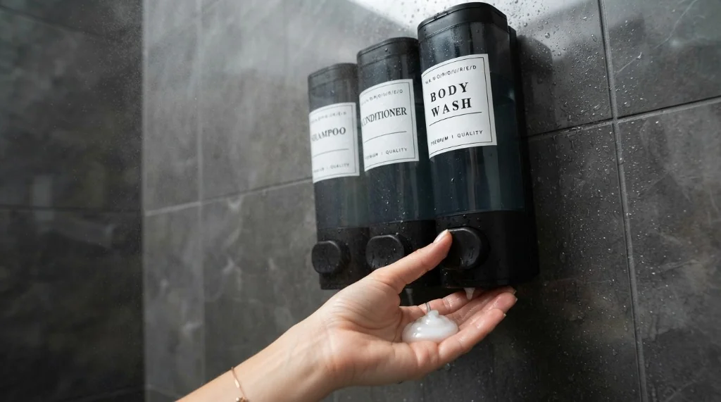 Cabo Deseado black 3 chamber wall-mounted shower soap dispenser with transparent visual window
