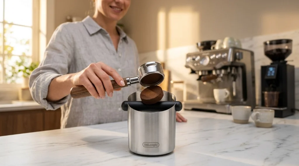 Compact brushed stainless steel espresso knock box with durable rubberized strike bar