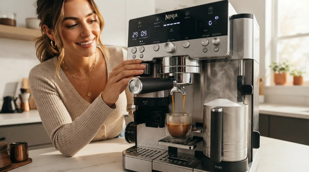 Ninja Luxe Cafe Premier 3-in-1 espresso machine showing digital display, portafilter, and automatic milk frother