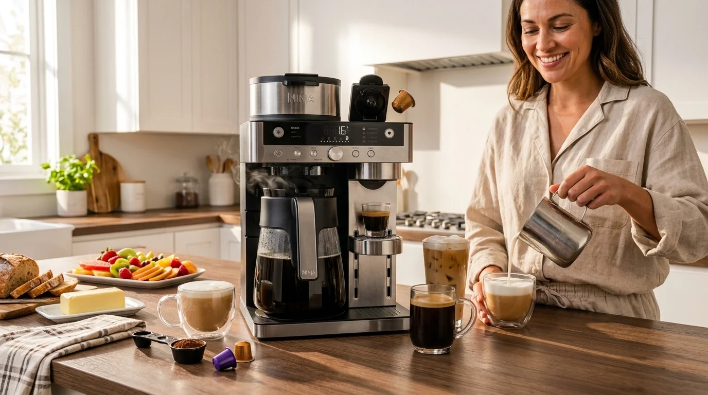 Ninja Prestige 2-in-1 Coffee Maker & Carafe System — Built-in foldaway milk frother creating silky microfoam for iced lattes