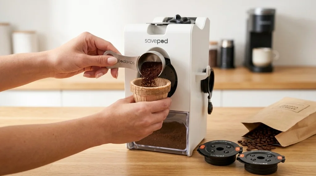 Savepod PodMaker reusable pod system with compostable filters, universal ring, and stainless steel scoop