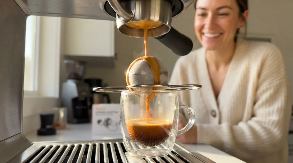 Stainless steel espresso cooling balls with frosted surface and wire holder mounted on glass cup