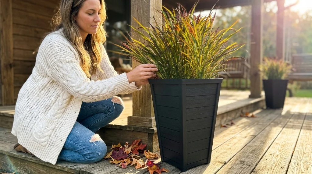 Keter tall graphite resin outdoor planters and woven willow flower basket with protective liners