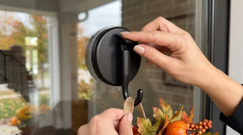 OUTXE heavy duty suction cup wreath hanger with flip lock vacuum mechanism mounted on smooth glass door