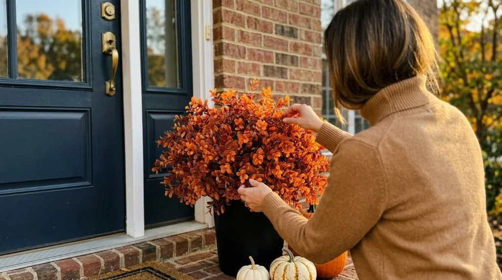 VIERENA 2 piece artificial fall boxwood topiary ball trees in black pots with rich autumn orange foliage
