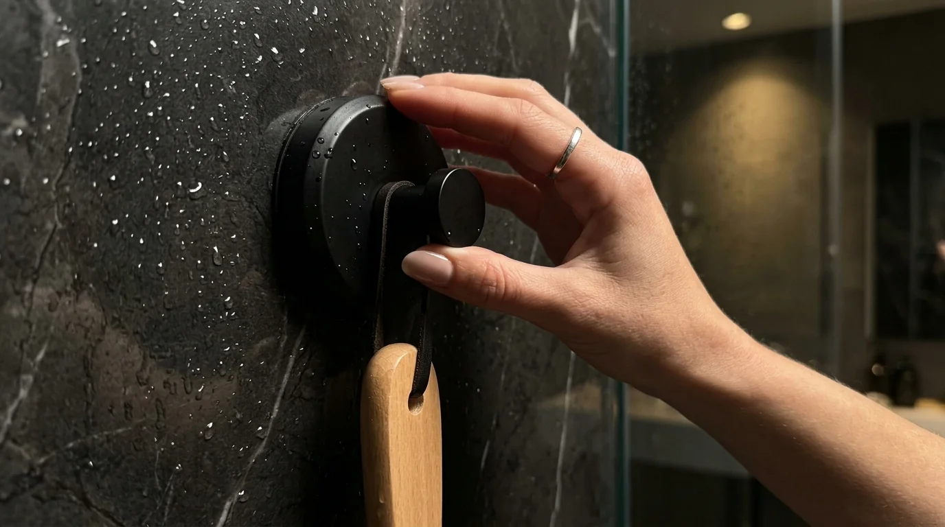 HOME SO matte black heavy duty twist lock suction cup hook mounted on clean bathroom surface