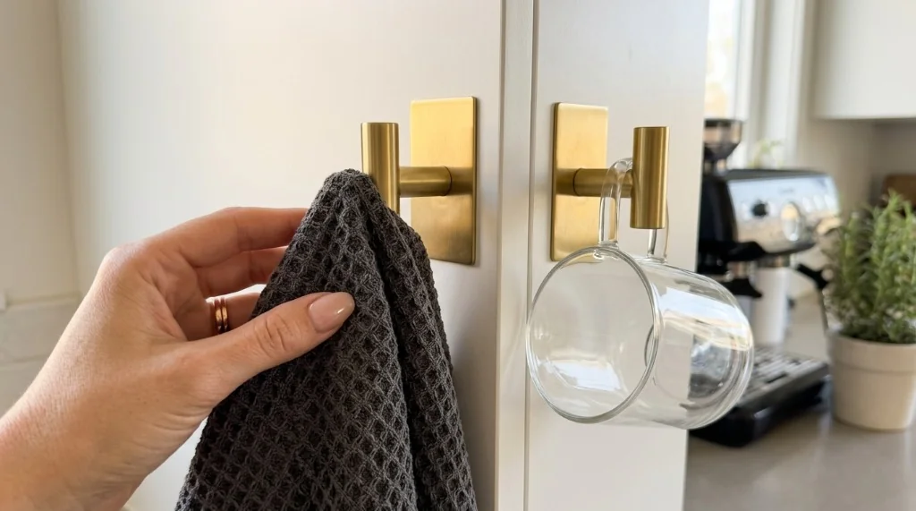 Brushed gold adhesive wall hooks and towel bar on kitchen cabinet with hanging accessories