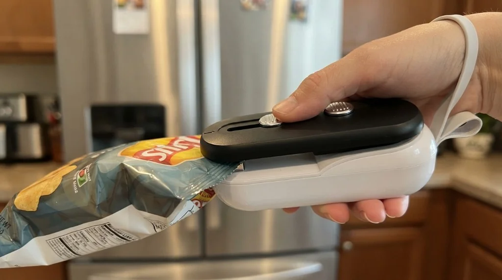 Mini 2 in 1 handheld bag heat sealer with cutter and magnetic backing attached to refrigerator