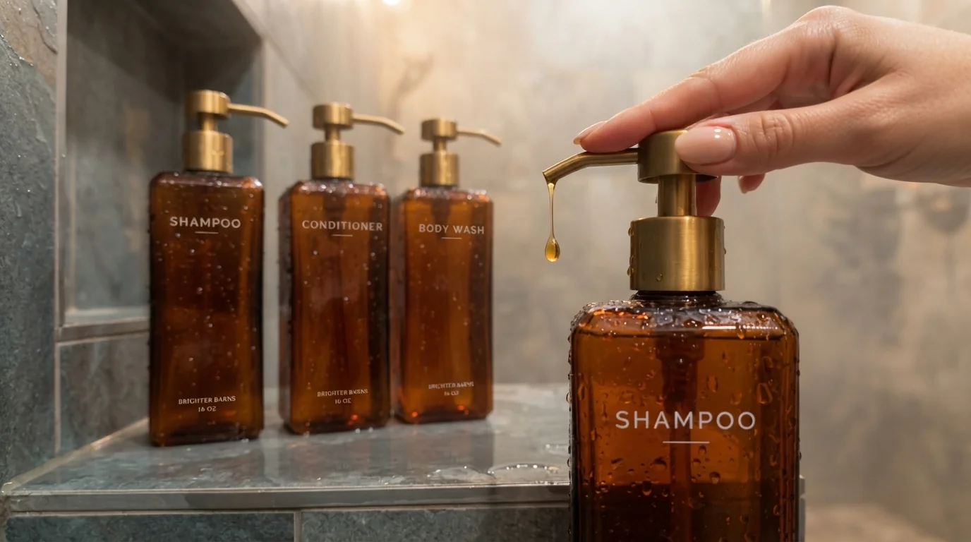 Brighter Barns amber shampoo and conditioner dispenser set gold pump 16oz refillable shower bottles