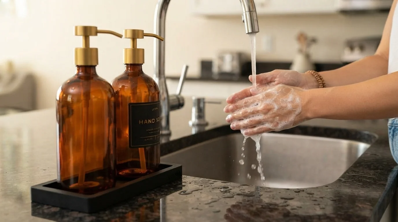 LUSSPA amber glass hand soap dispenser with gold pump and silicone tray set of 2