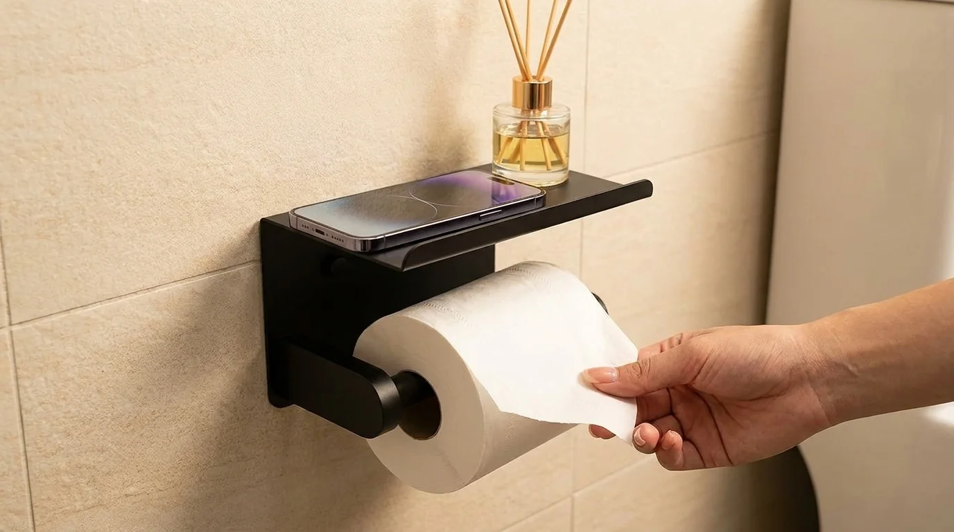 SetSail toilet paper holder with storage shelf wall mount matte black stainless steel