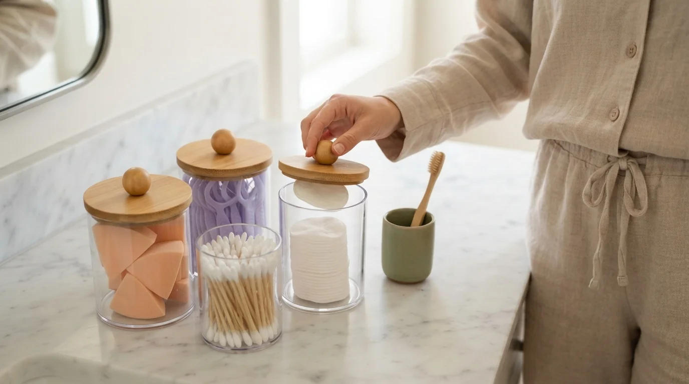 VITEVER 4 pack qtip holder apothecary jars with bamboo lids for vanity makeup organizer