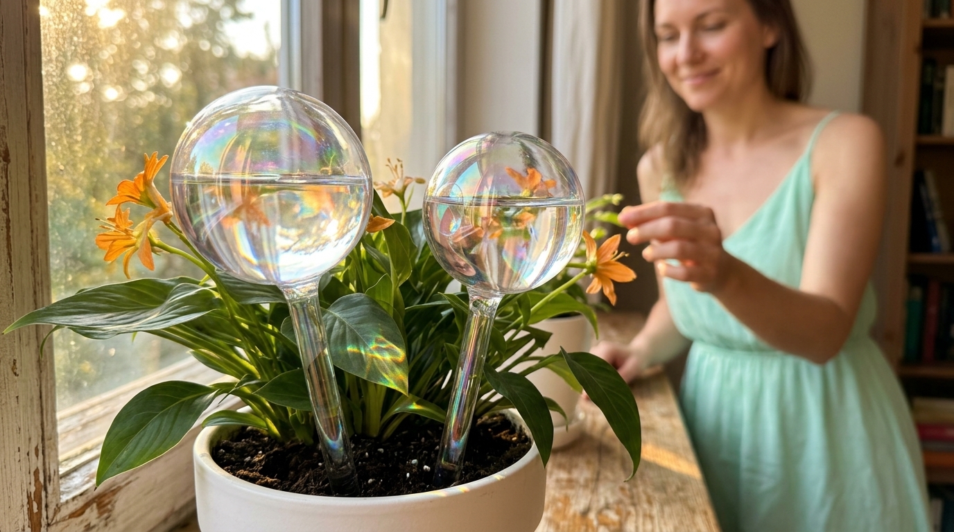 PlanKKers iridescent glass self watering globes in potted houseplant soil