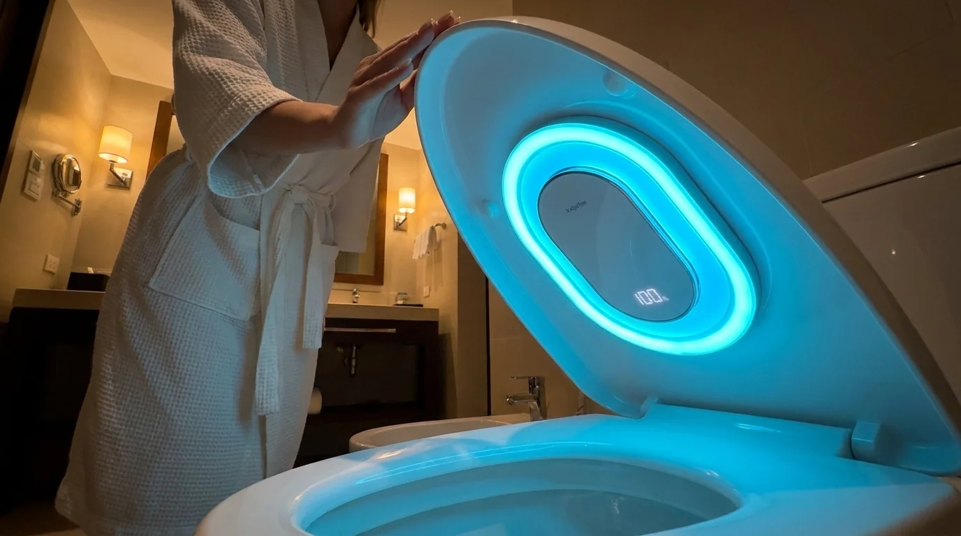 XuEpeTim smart toilet UV-C sanitizing system mounted under toilet lid